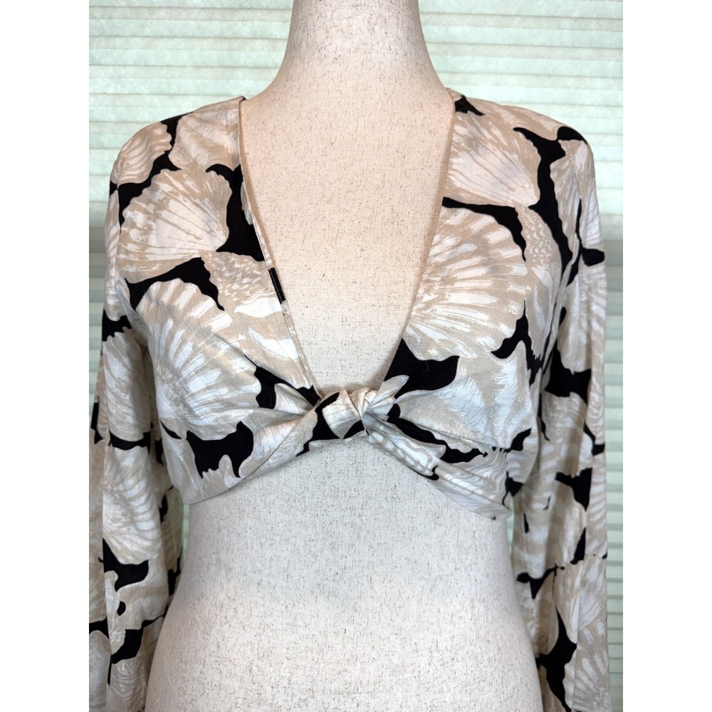 H&M Linen Blend Seashell 2 Piece Set S Top XS 4 Midi Skirt Tie Front Coastal - Picture 3 of 12